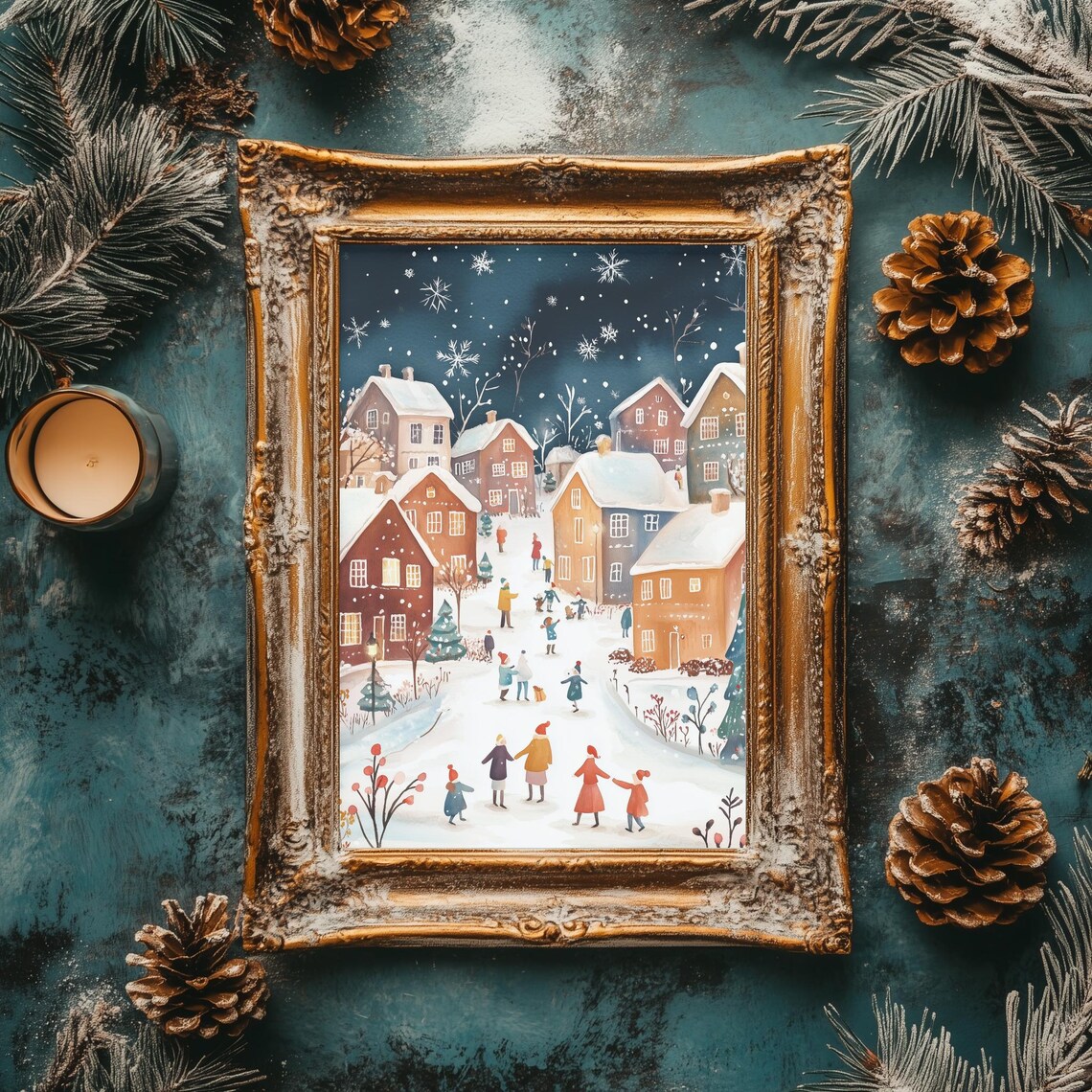 Snowy Village Night Scene Watercolor Christmas Town Holiday Poster - Image 2