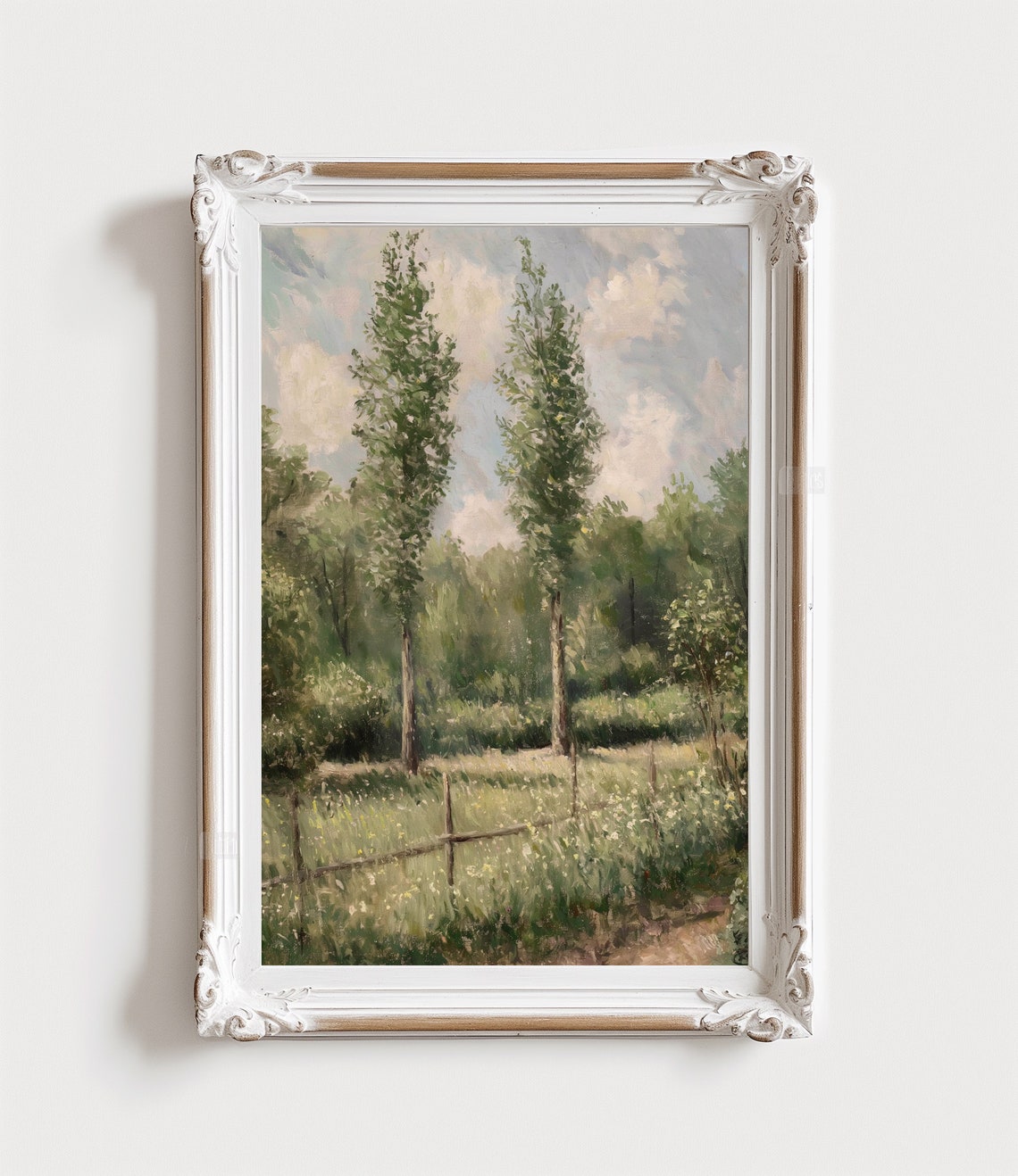 Impressionist Poplar Trees Meadow Painting Fence Vintage Print - Image 4