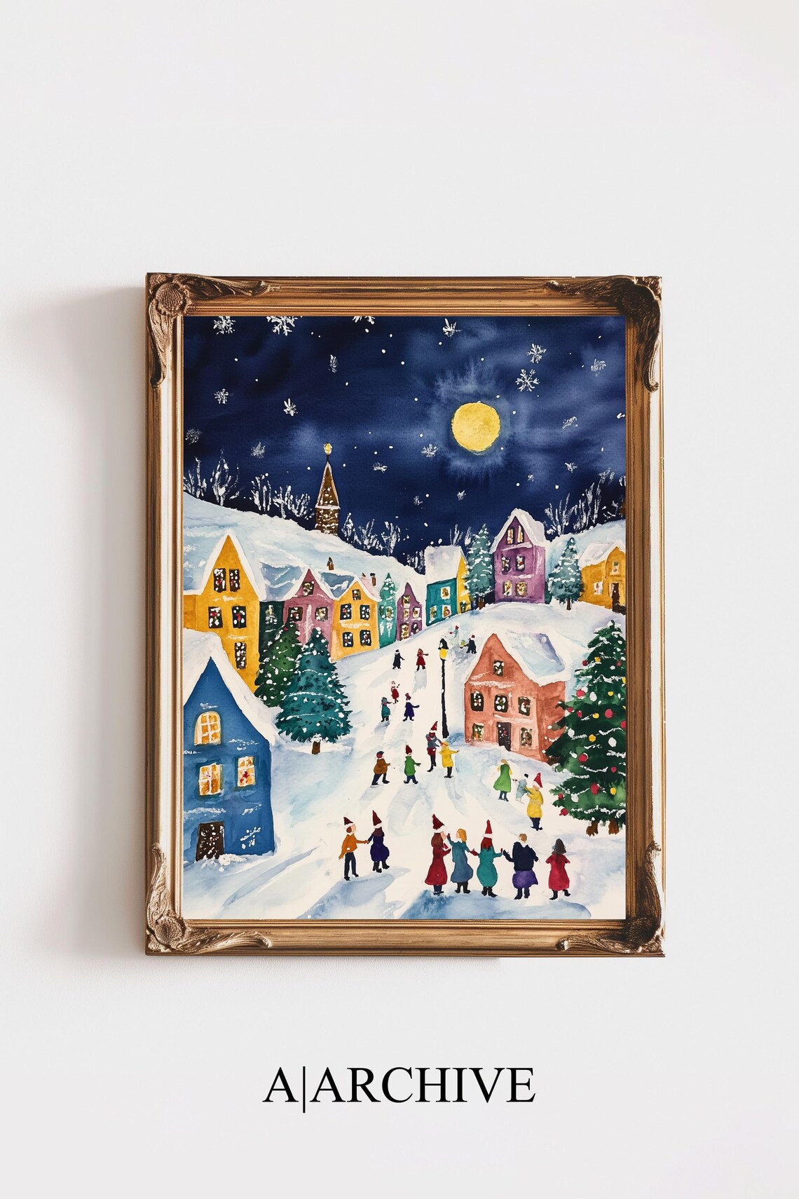 Pink Christmas Village Night Scene Moonlit Watercolor Holiday Poster