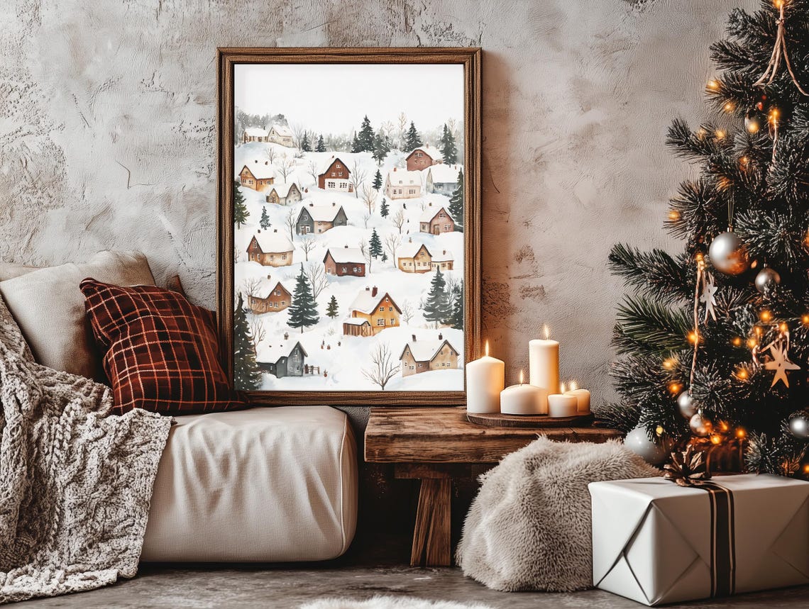Snowfall Village Hillside Watercolor Cozy Winter Scene Poster - Image 4