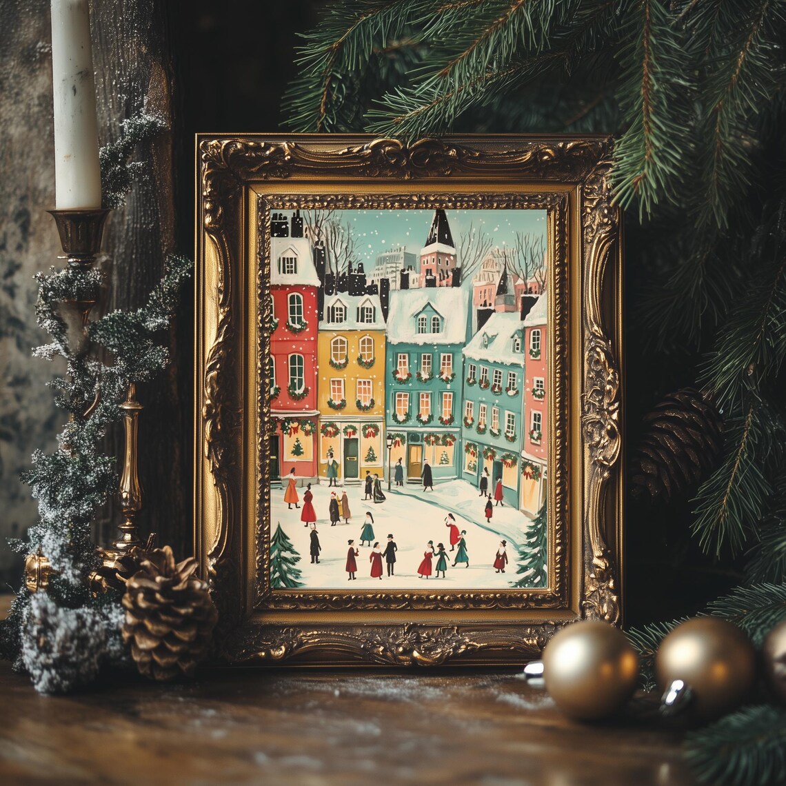 Colorful Christmas Town Square Wreaths Happy People Winter Poster - Image 4
