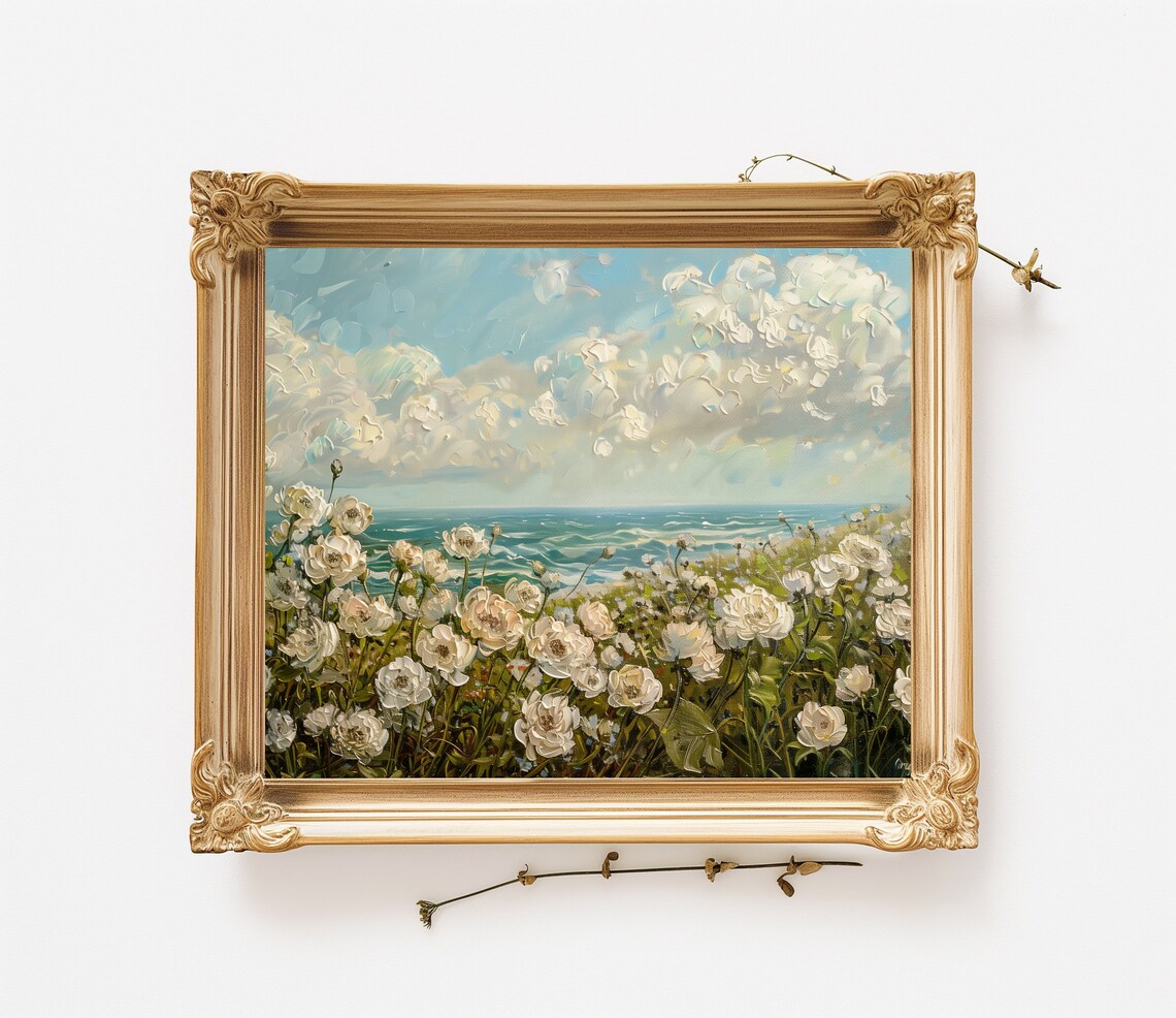 White Roses Coastal Bluff Turquoise Sea Summer Floral Landscape Poster - Image 3