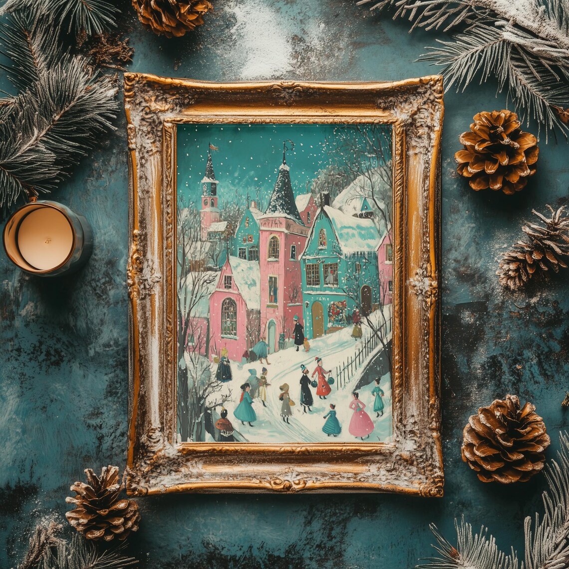 Christmas Village Night Scene Winter Street Retro Holiday Poster - Image 2