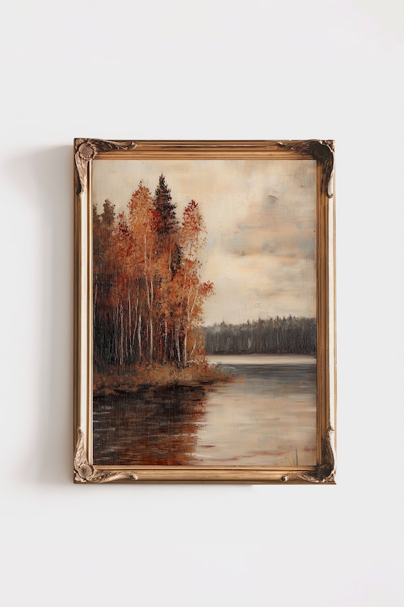 Autumn Lake Painting Orange Birch Trees Moody Fall Landscape Print