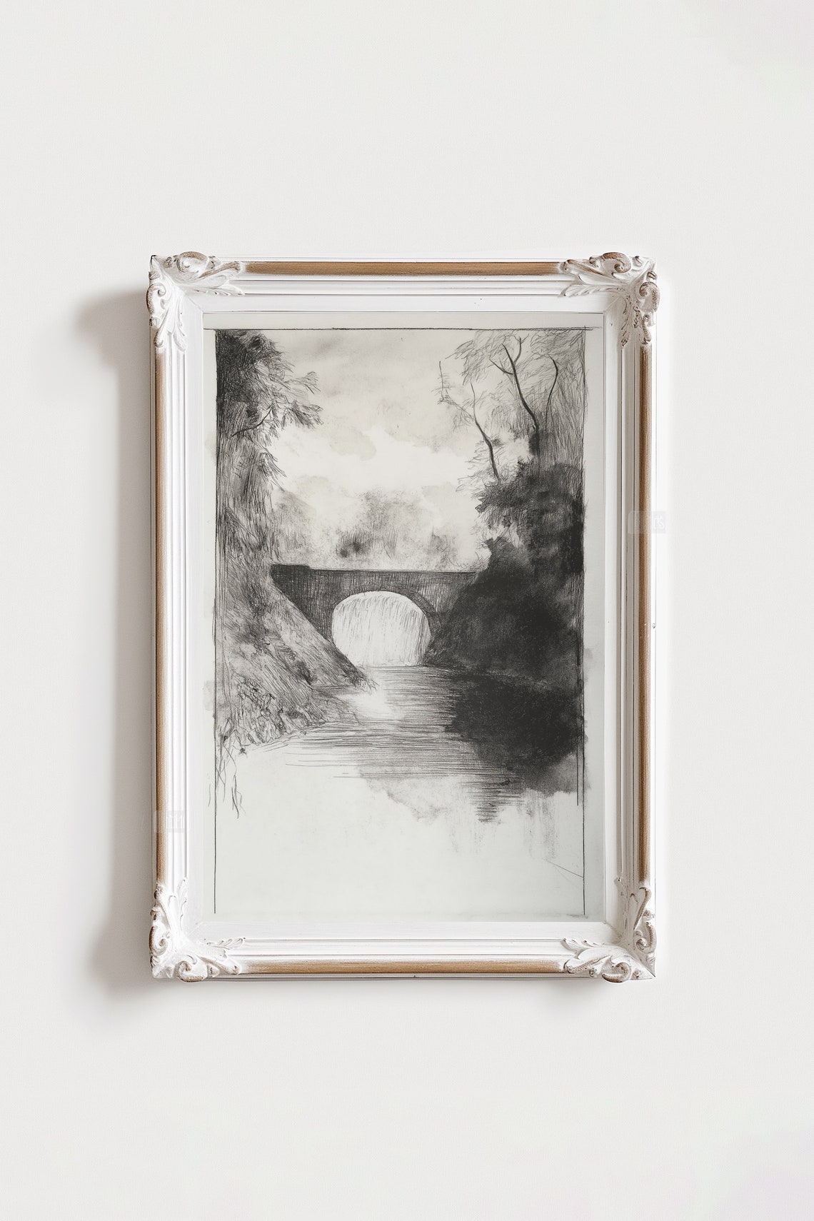 Charcoal Sketch Stone Arch Bridge Calm River Vintage Monochrome Poster - Image 4