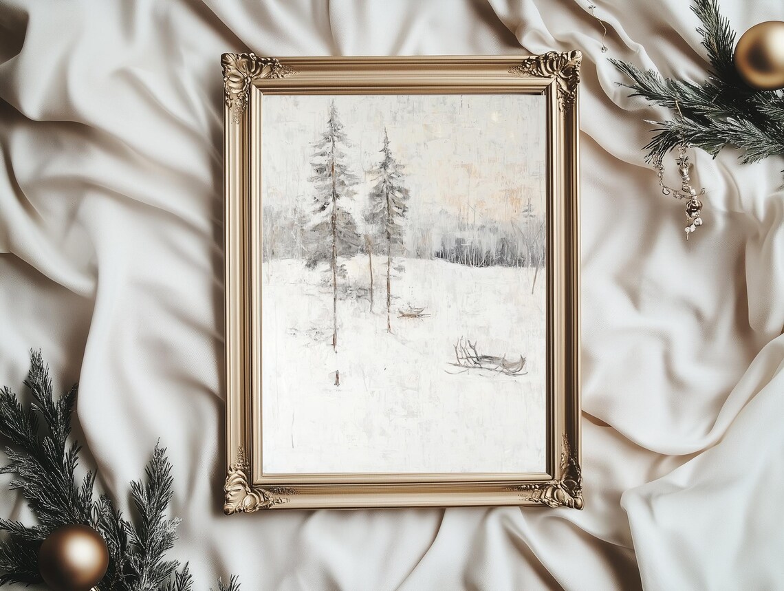 Twin Pines in a Snowy Meadow Vintage Winter Landscape Poster - Image 2