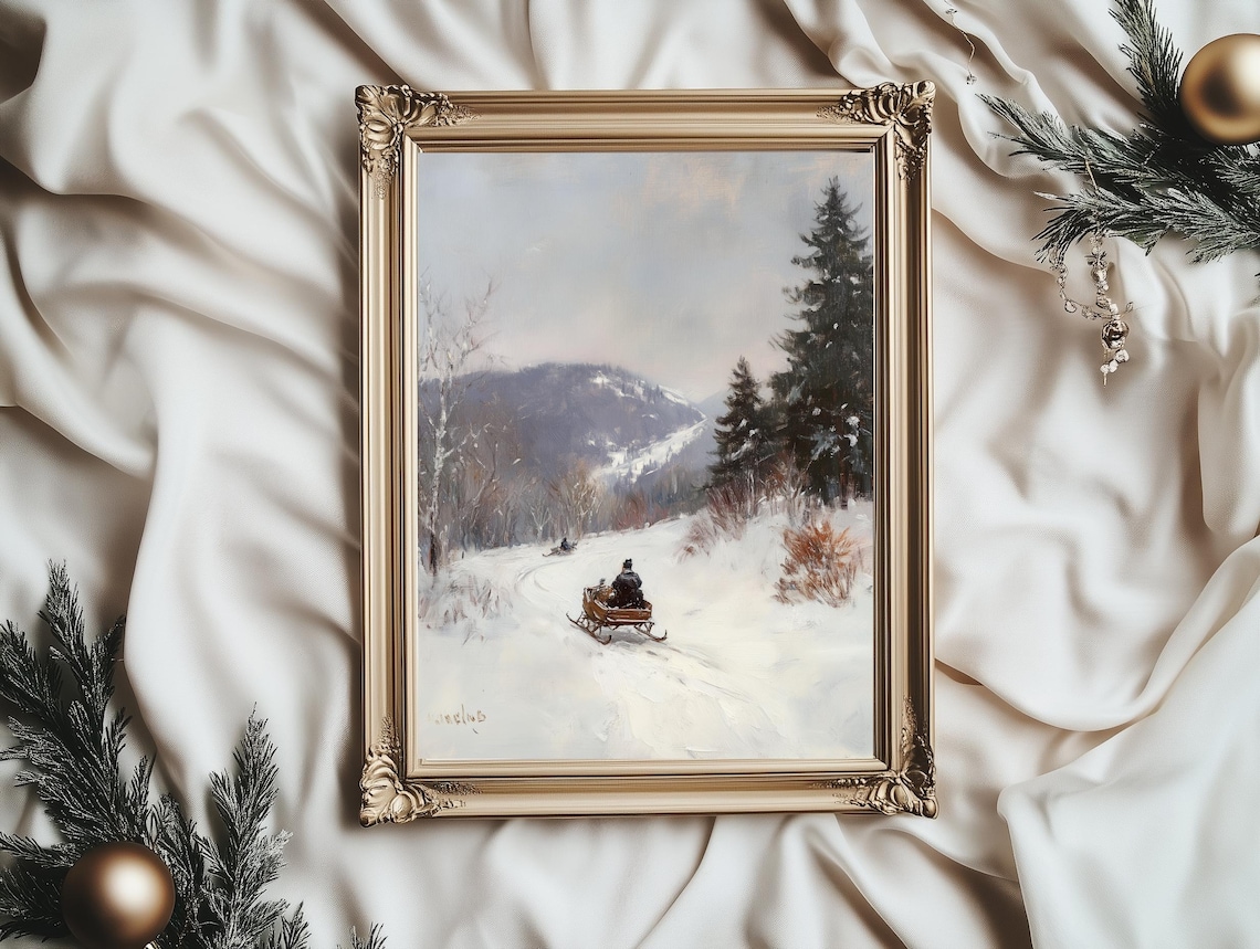 Lone Horse Sleigh Snowy Mountain Road Pines Vintage Winter Poster - Image 4