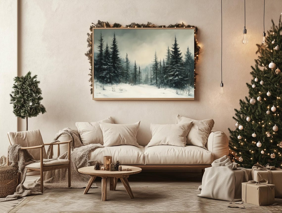 Majestic Tall Pines Snow Clearing Misty Mountain Winter Scene Poster - Image 2