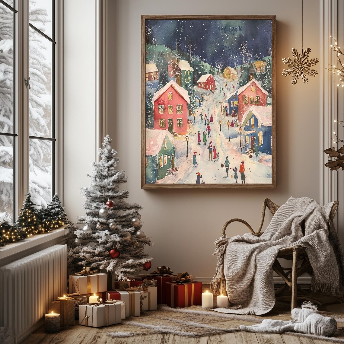 Christmas Village Street Night Scene Watercolor Winter Holiday Poster - Image 3