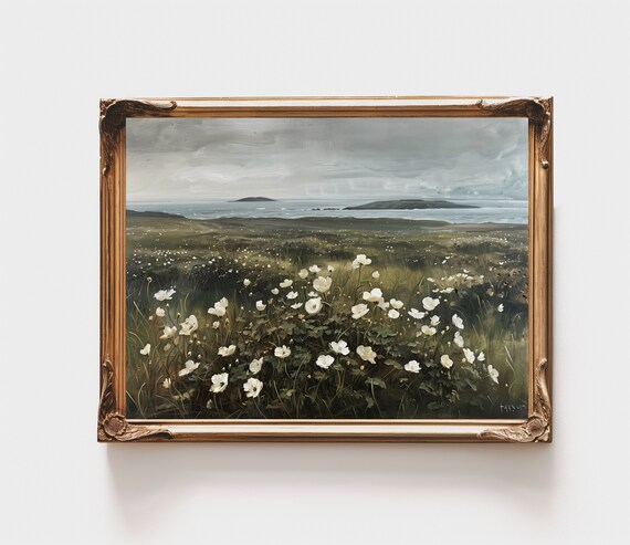 White Wildflowers Coastal Hills Sea View Moody Gray Sky Art Poster