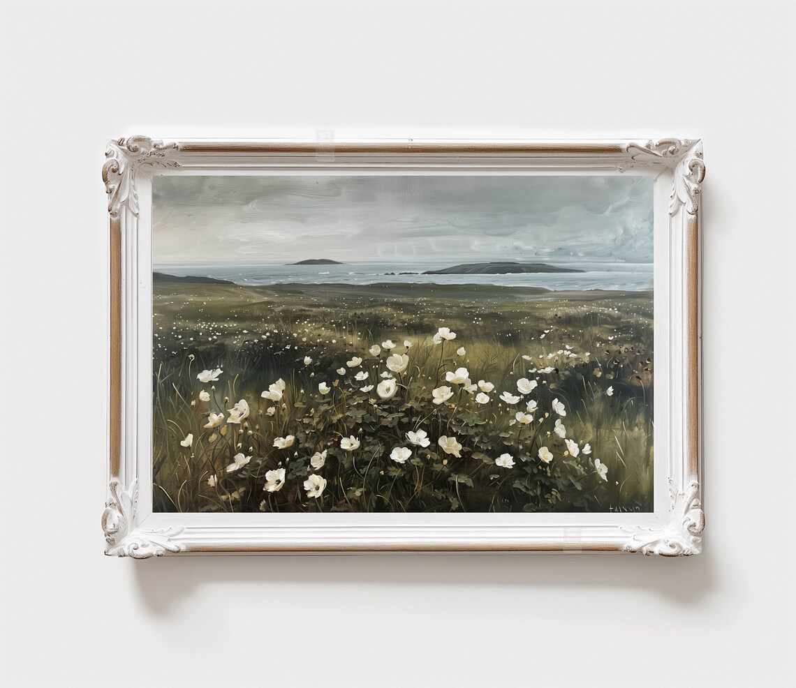 White Wildflowers Coastal Hills Sea View Moody Gray Sky Art Poster - Image 2