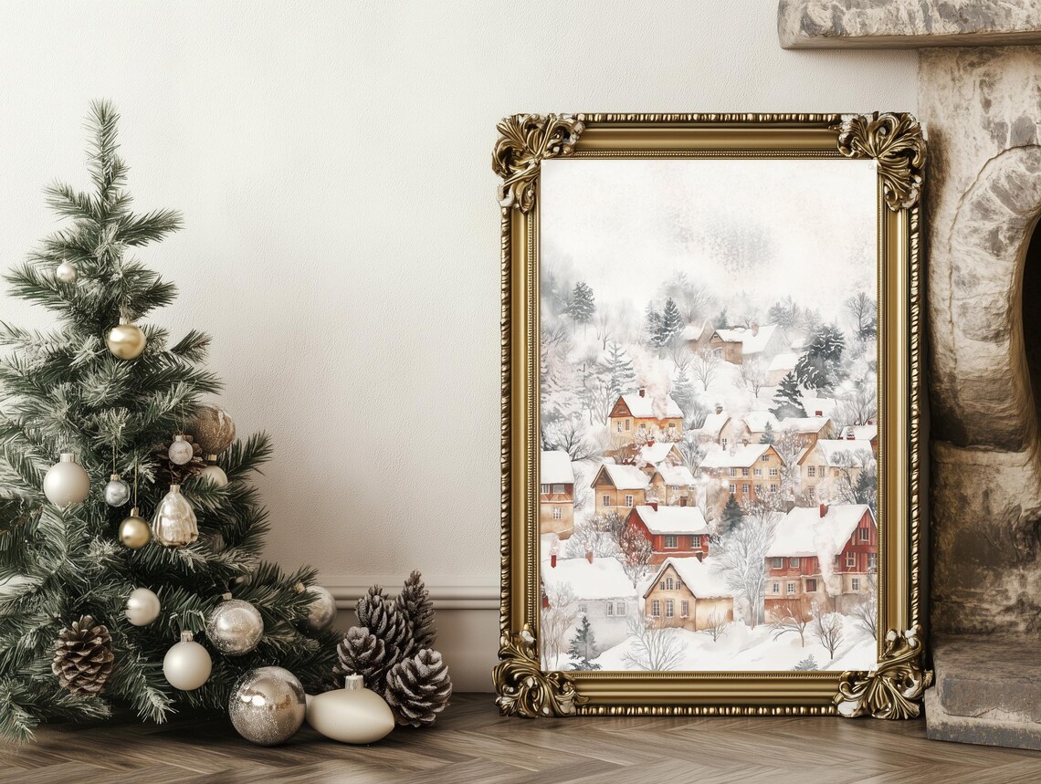 Snow Blanketed Village Falling Snow Red Brown Houses Winter Poster - Image 4
