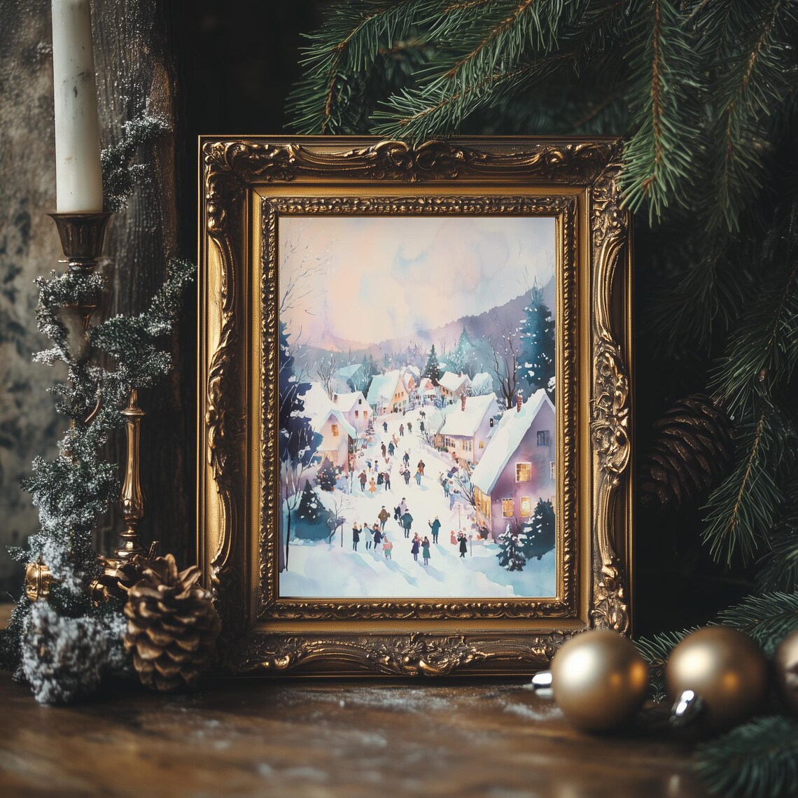 Pastel Winter Village Snow Scene Watercolor Christmas Holiday Poster - Image 4