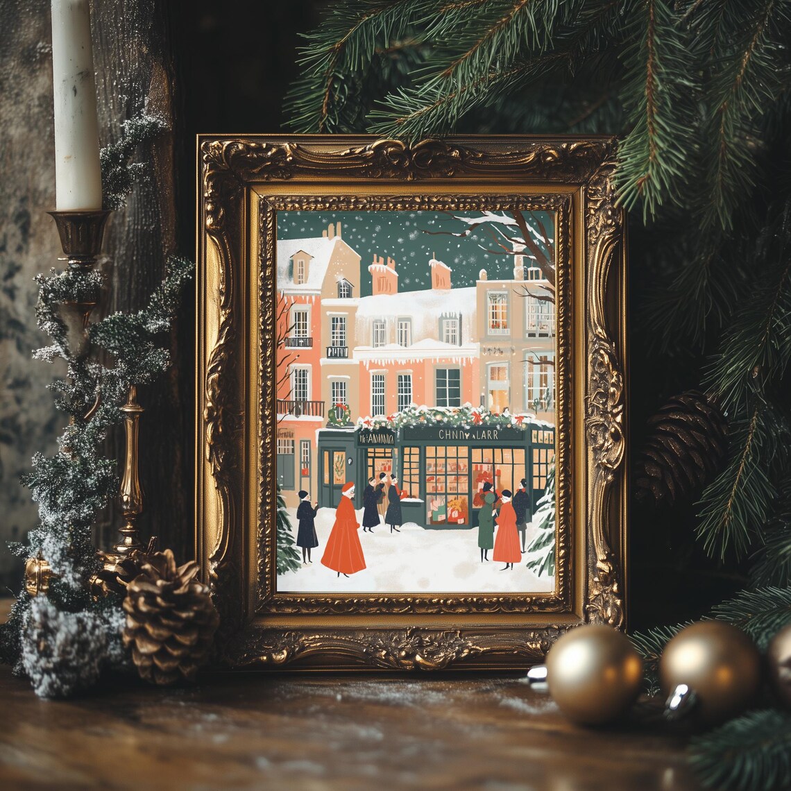 Festive Christmas Storefront Night Shoppers Teal Snow Holiday Poster - Image 4