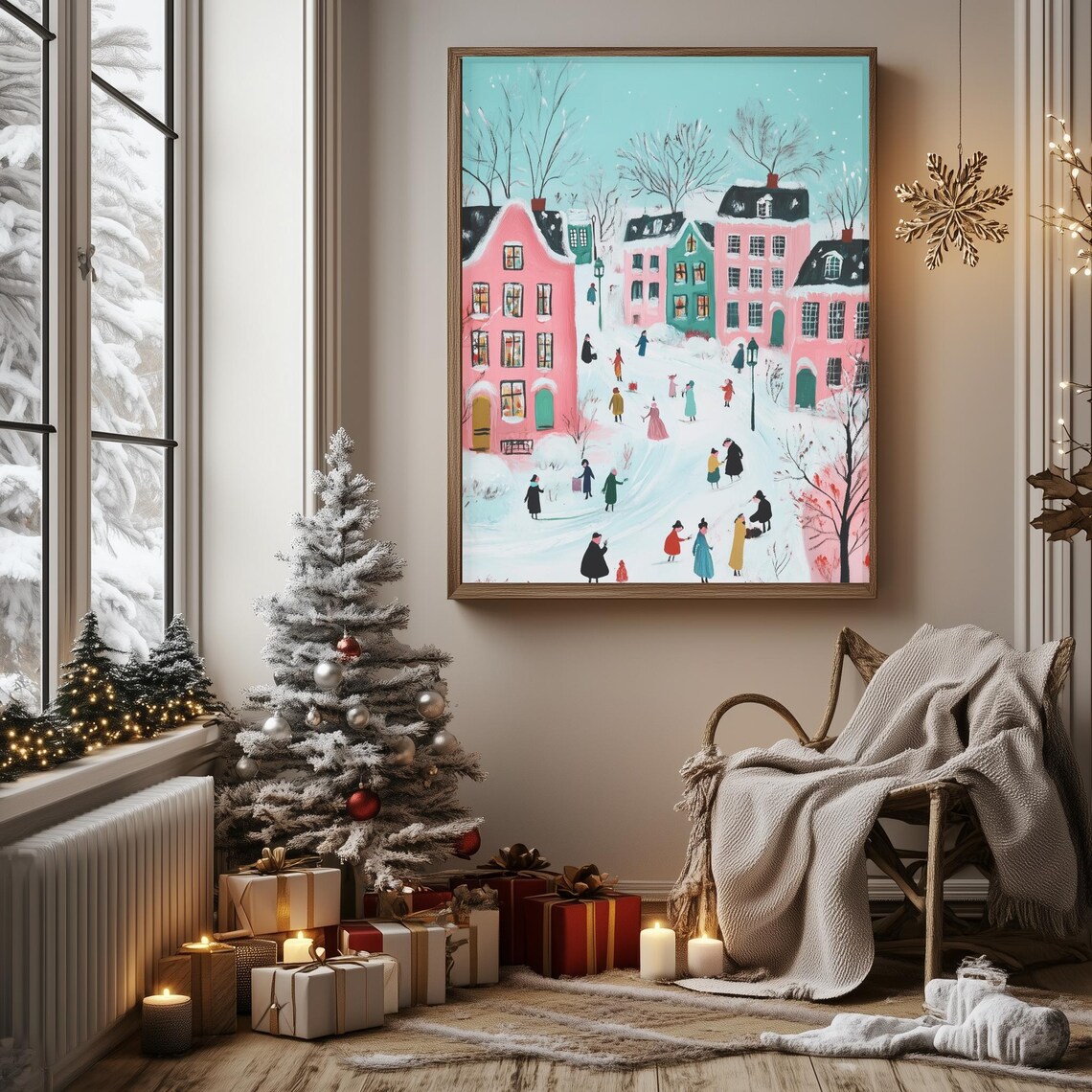 Pink Holiday Village Winter Scene Retro Farmhouse Christmas Poster - Image 3