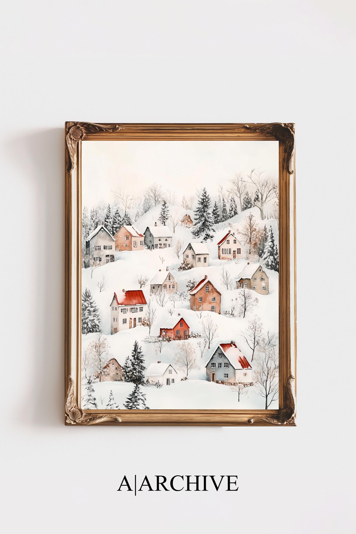 Snowy Hillside Village Red Roof Houses Pines Winter Watercolor Poster