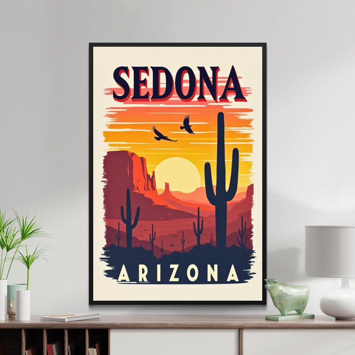 Sedona Arizona Desert Sunset Saguaro Cactus Retro Travel Poster