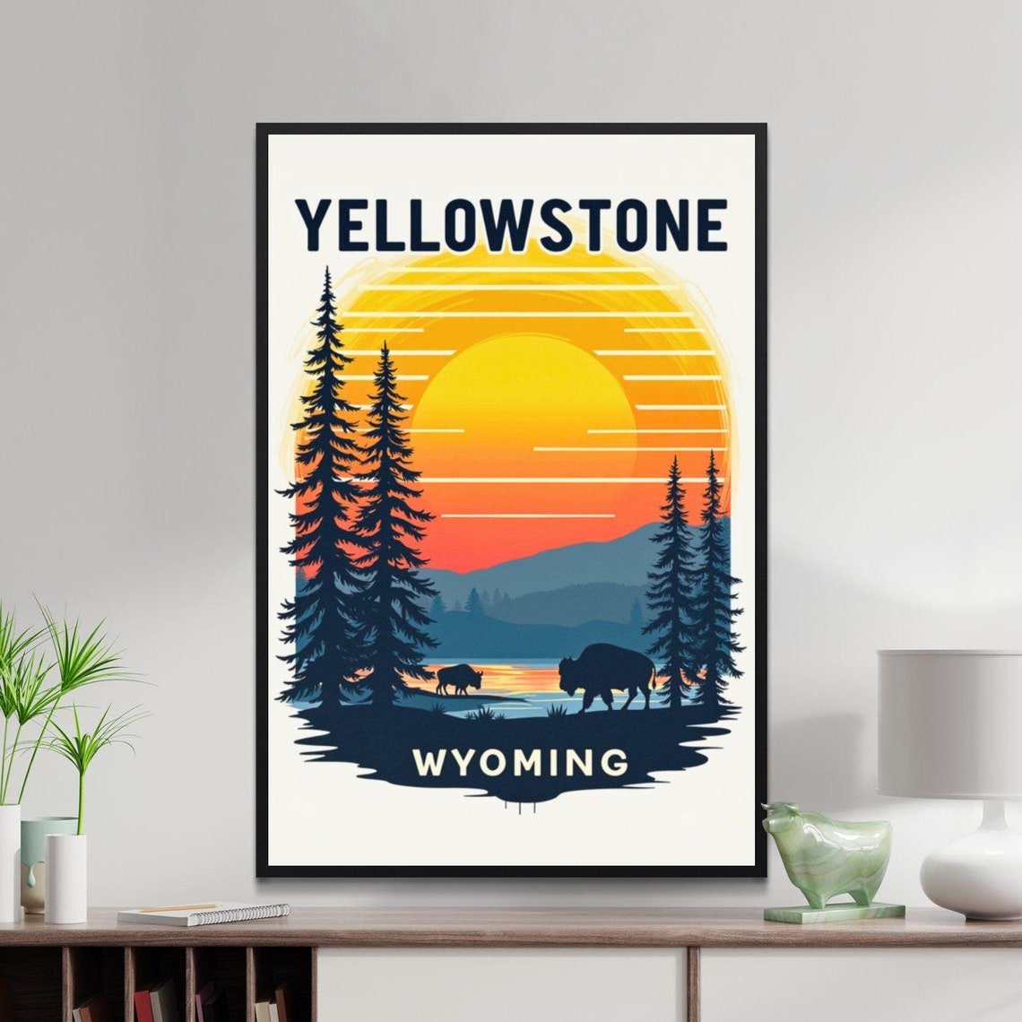 Yellowstone Wyoming Sunset Bison Pine Forest National Park Poster