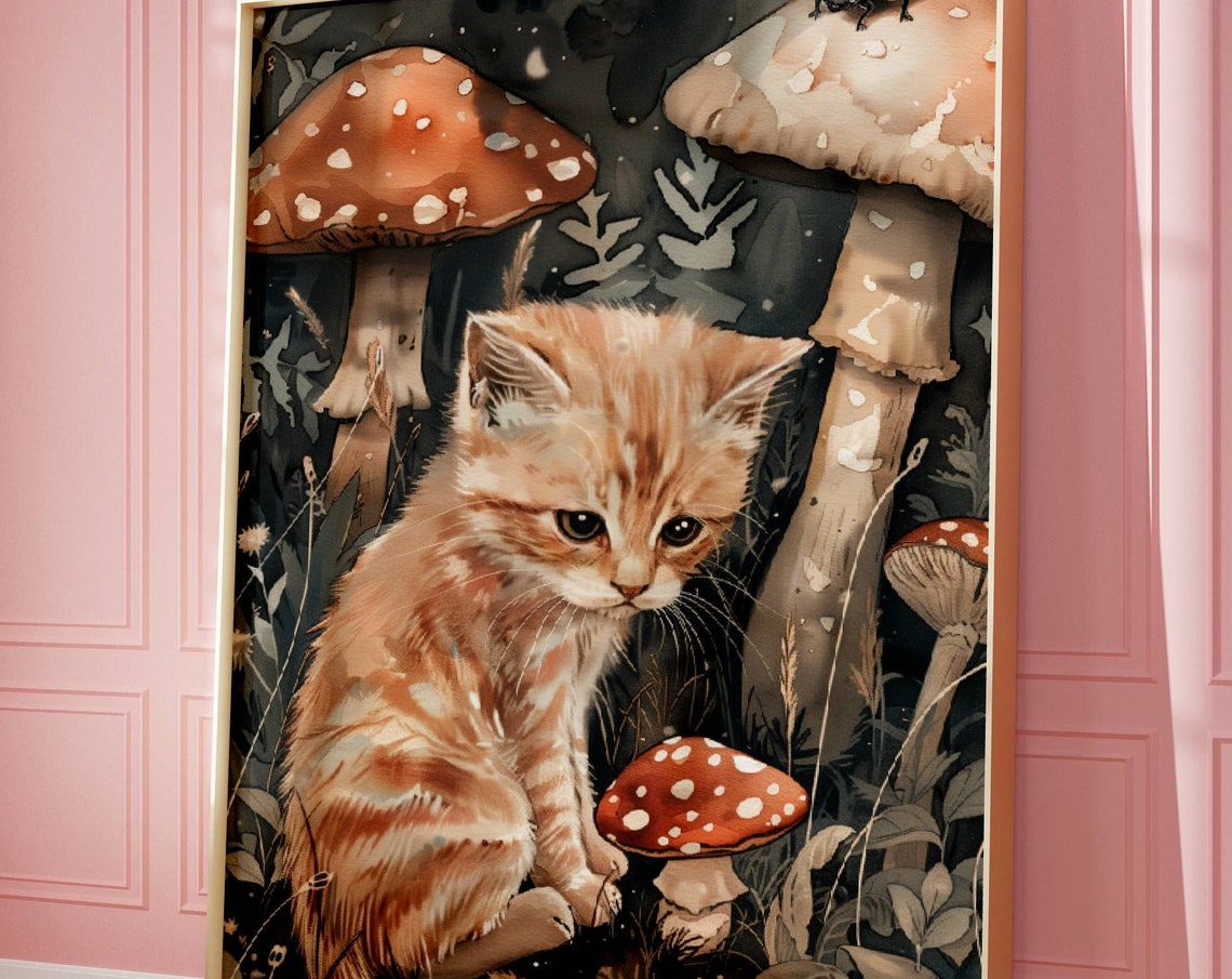 Tiny Ginger Kitten Among Giant Toadstools Fairy Tale Art Poster