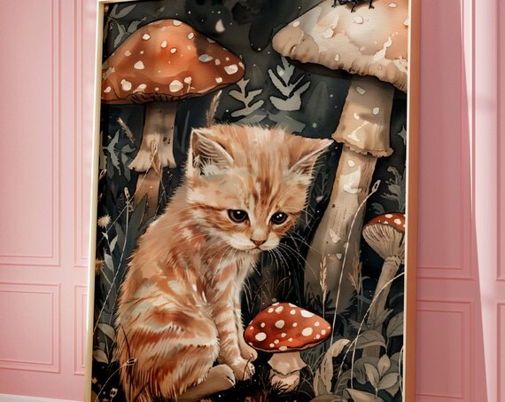 Tiny Ginger Kitten Among Giant Toadstools Fairy Tale Art Poster