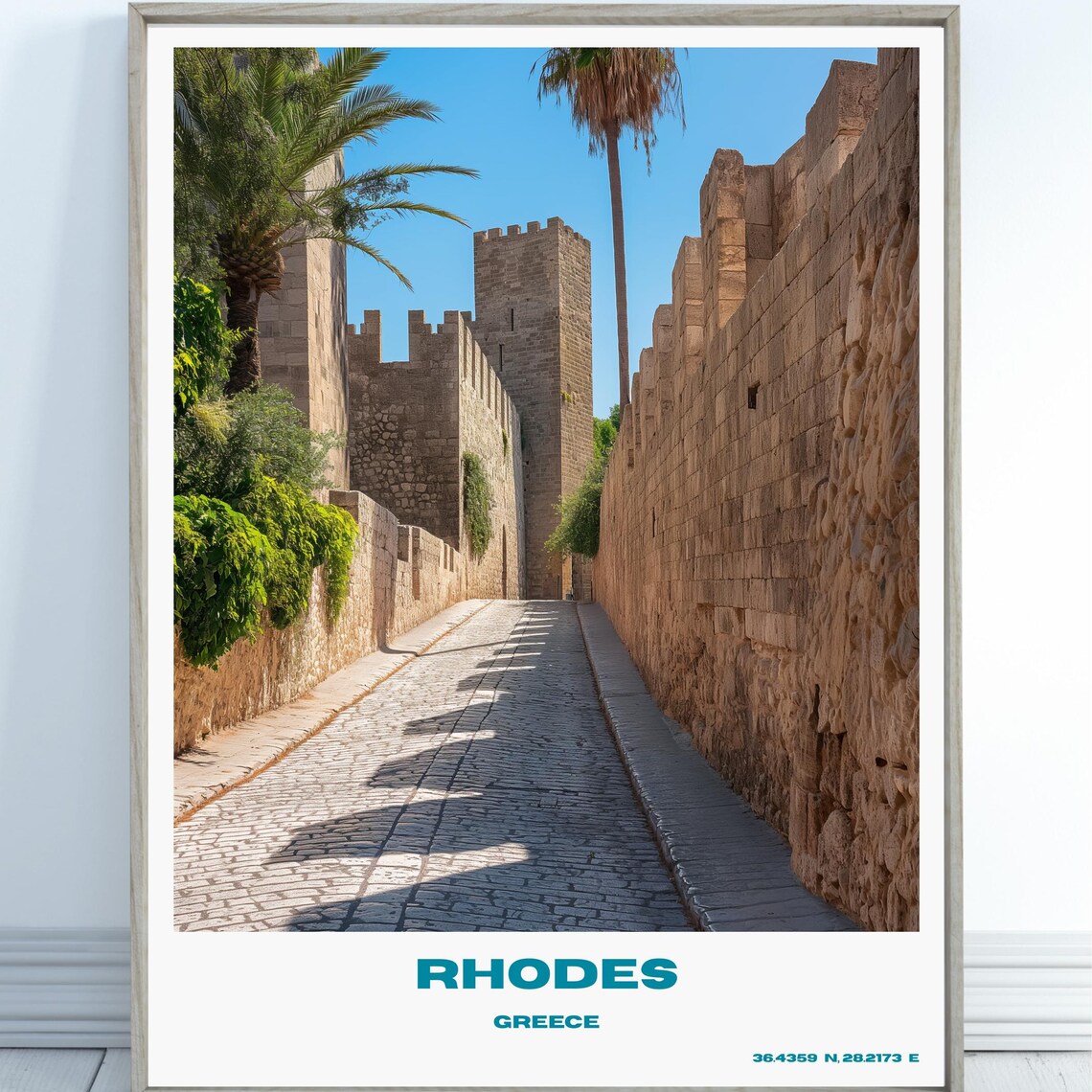 Rhodes Greece Medieval Stone Walls Street Illustrated Travel Poster
