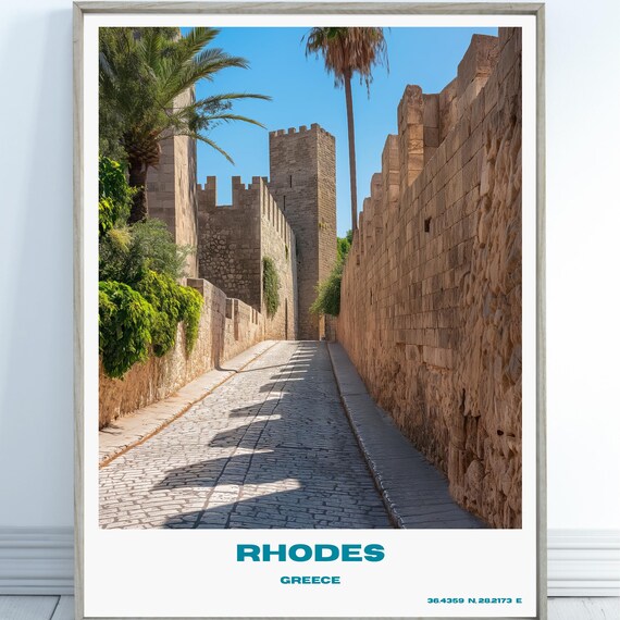 Rhodes Greece Medieval Stone Walls Street Illustrated Travel Poster