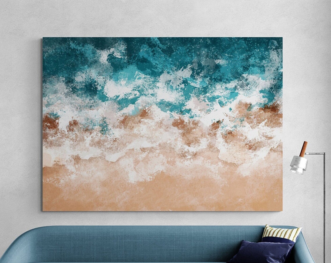 Teal Ocean Waves Over Sandy Beach Abstract Aerial Art Poster - Image 3
