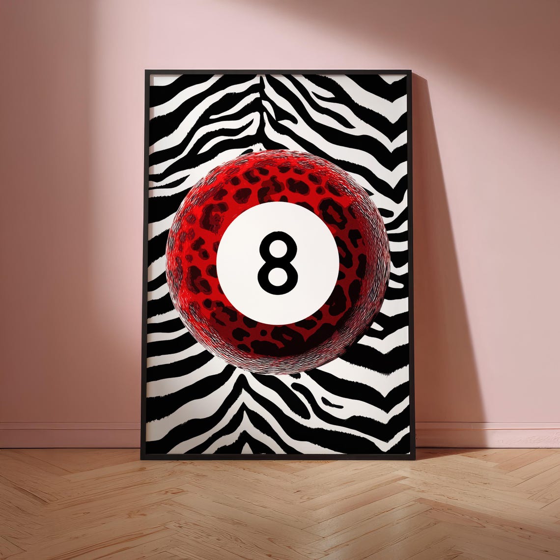Red Leopard Eight Ball Zebra Stripe Bold Maximalist Pop Art Poster