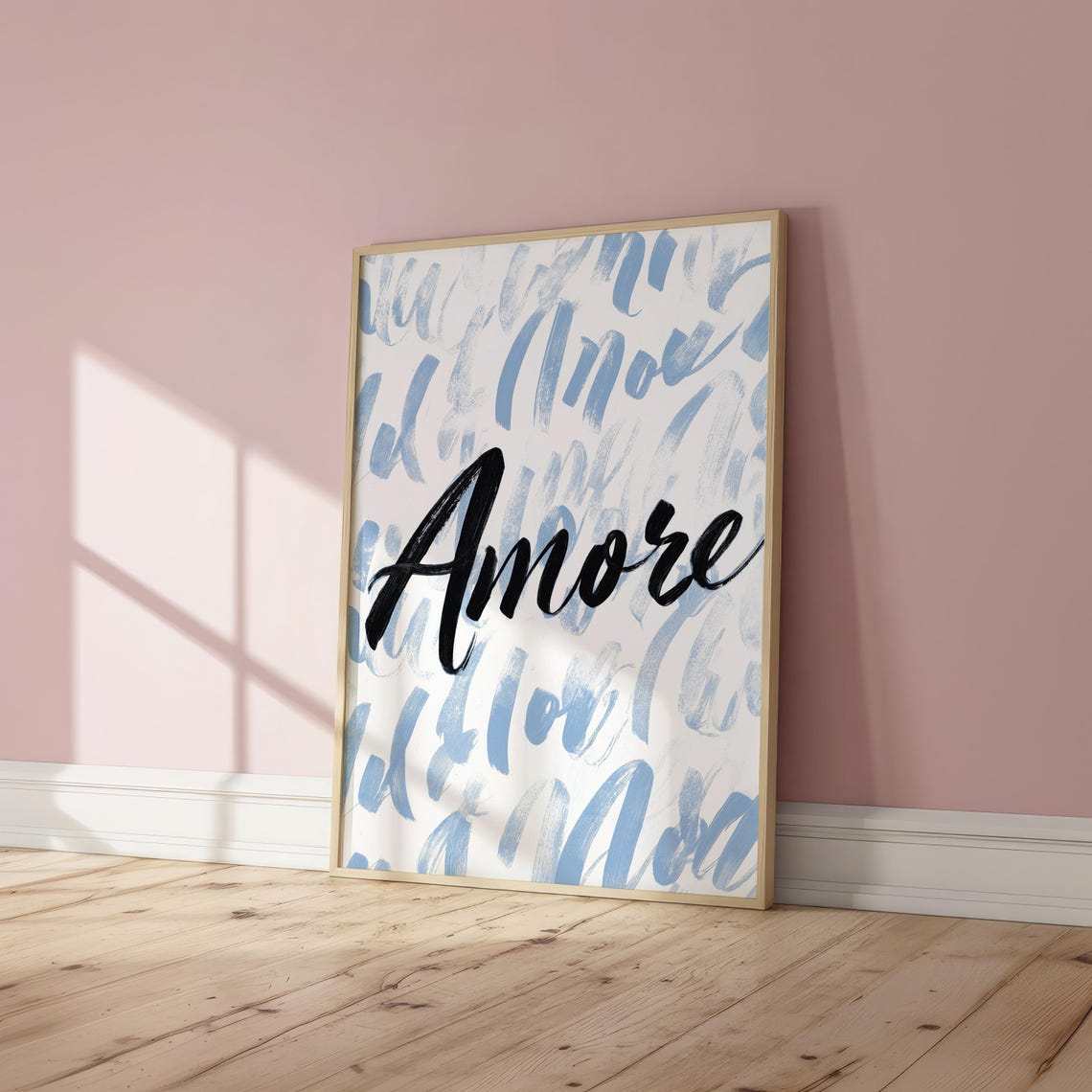 Amore Black Script Typography Blue Brushstroke Modern Art Poster