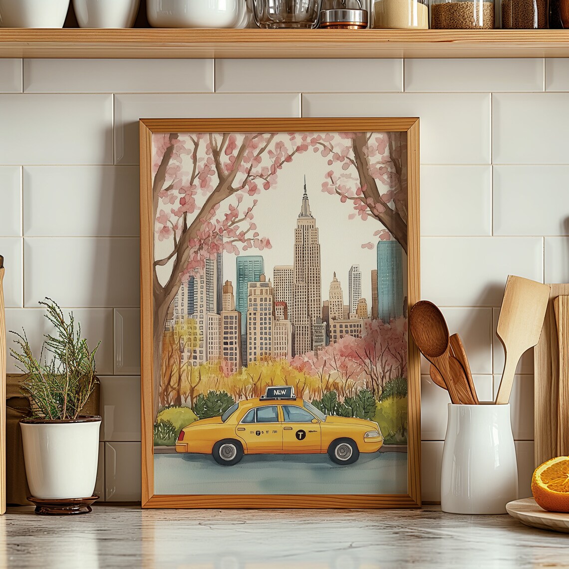 New York City Yellow Taxi Central Park Cherry Blossom Poster - Image 2
