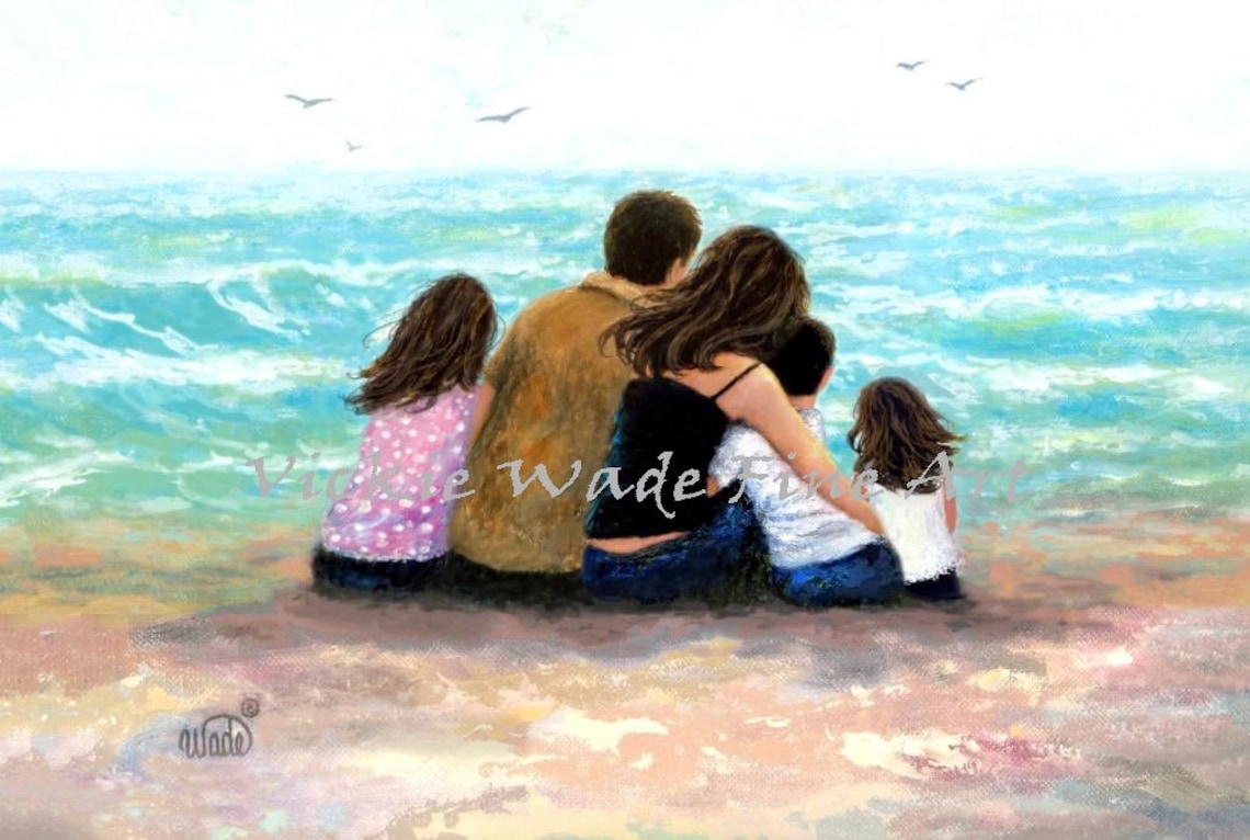 Family of Five Watching Ocean Waves Together at the Beach Poster