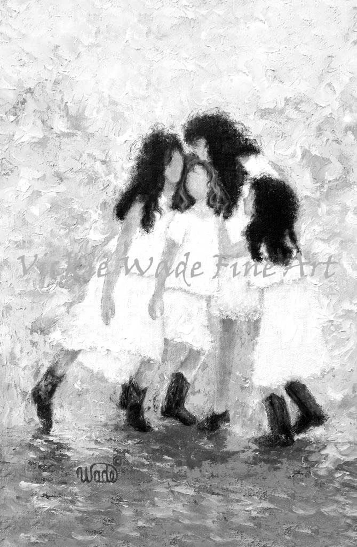 Four Blonde Sisters in White Dresses Black and White Art Poster