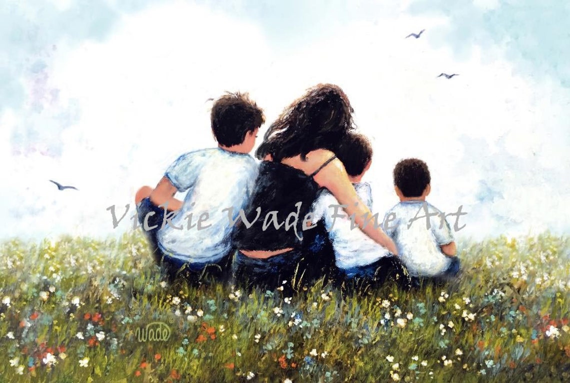 Mother Warmly Hugging Three Sons in a Wildflower Meadow Poster