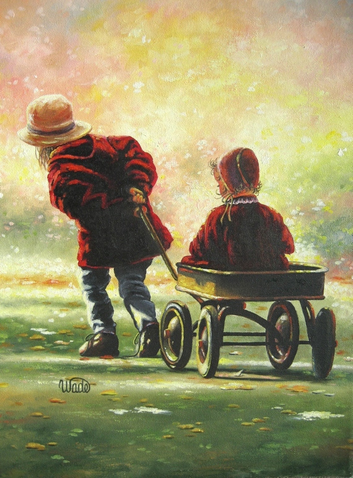 Big Sister Pulling Little Sister in Wagon Through Autumn Poster