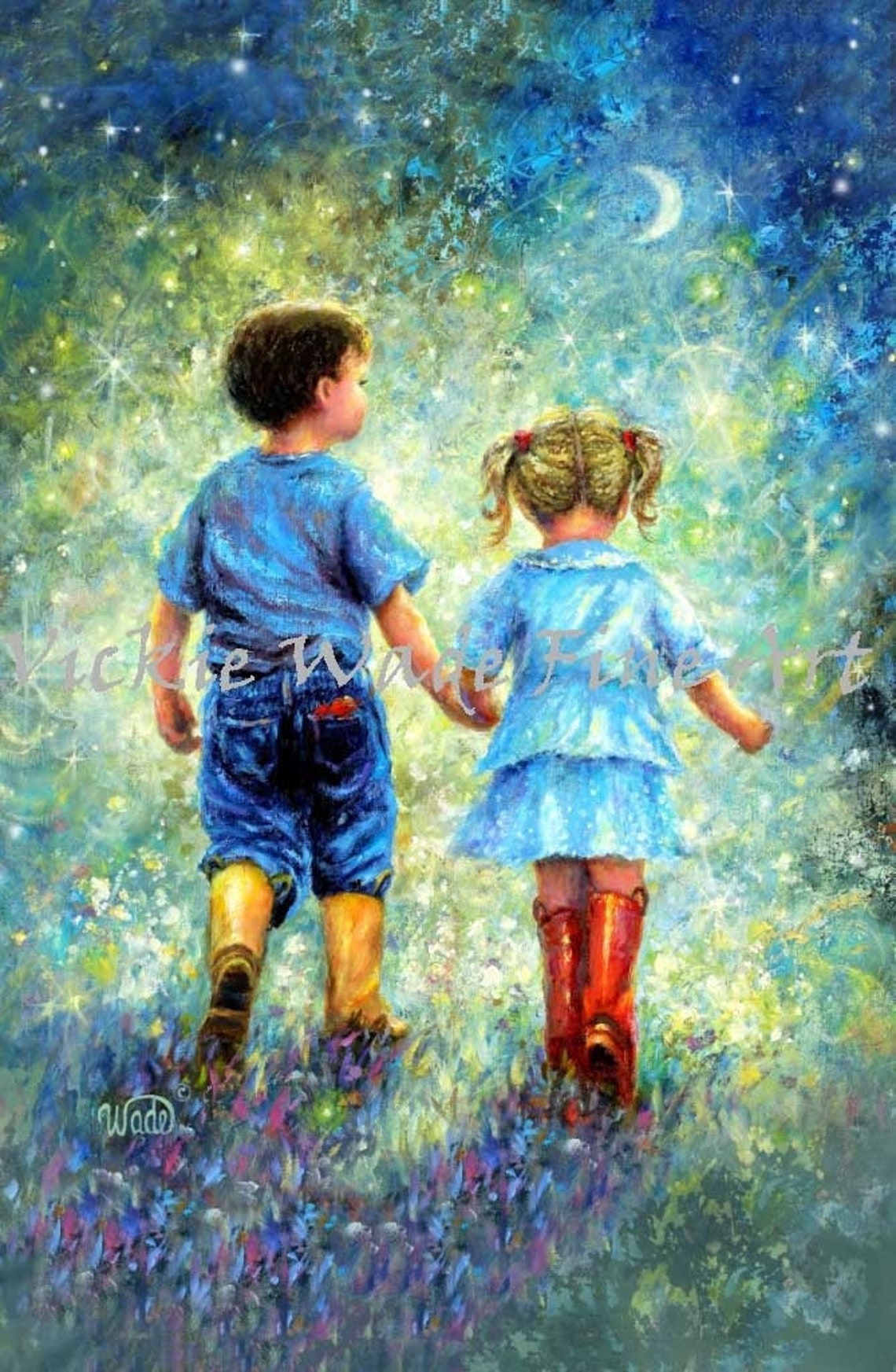 Brother and Sister Holding Hands Under a Starry Night Poster