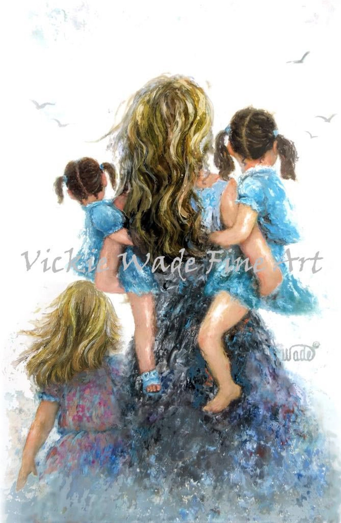 Blonde Mother Carrying Two Daughters at the Sunny Beach Poster