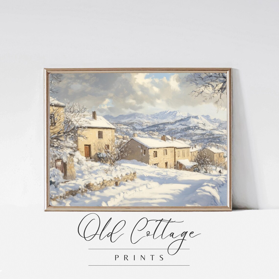 Snowy Hillside Village Mountain View Bright Winter Landscape Painting Poster