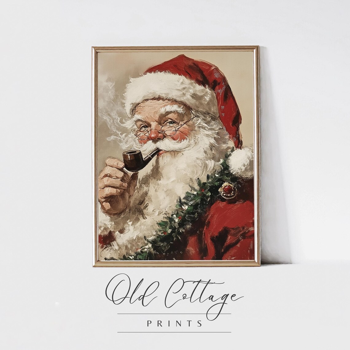 Vintage Santa Claus Smoking Pipe Classic Christmas Oil Painting Poster