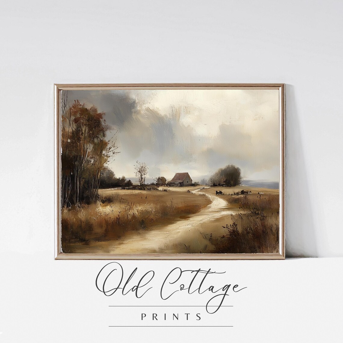 Rustic Farmhouse on Golden Autumn Path Vintage Country Art Poster