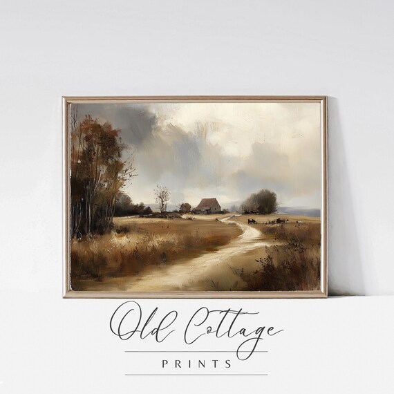 Rustic Farmhouse on Golden Autumn Path Vintage Country Art Poster