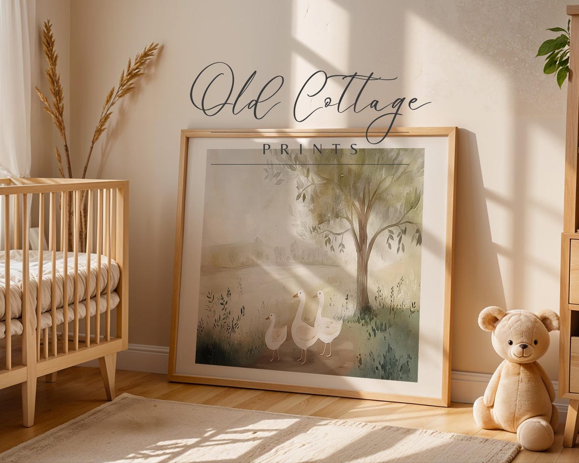 Three White Ducks By A Misty Lakeside Tree Watercolor Scene Poster - Image 3