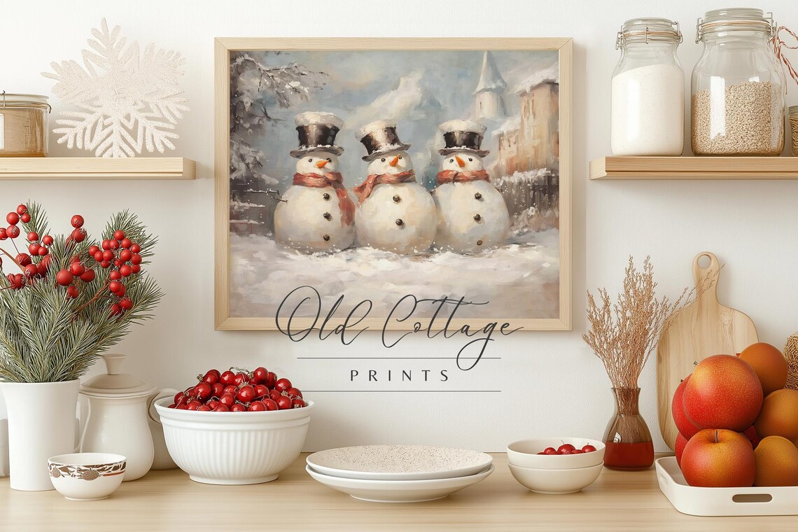 Three Snowmen in Top Hats Charming Vintage Christmas Art Poster - Image 3