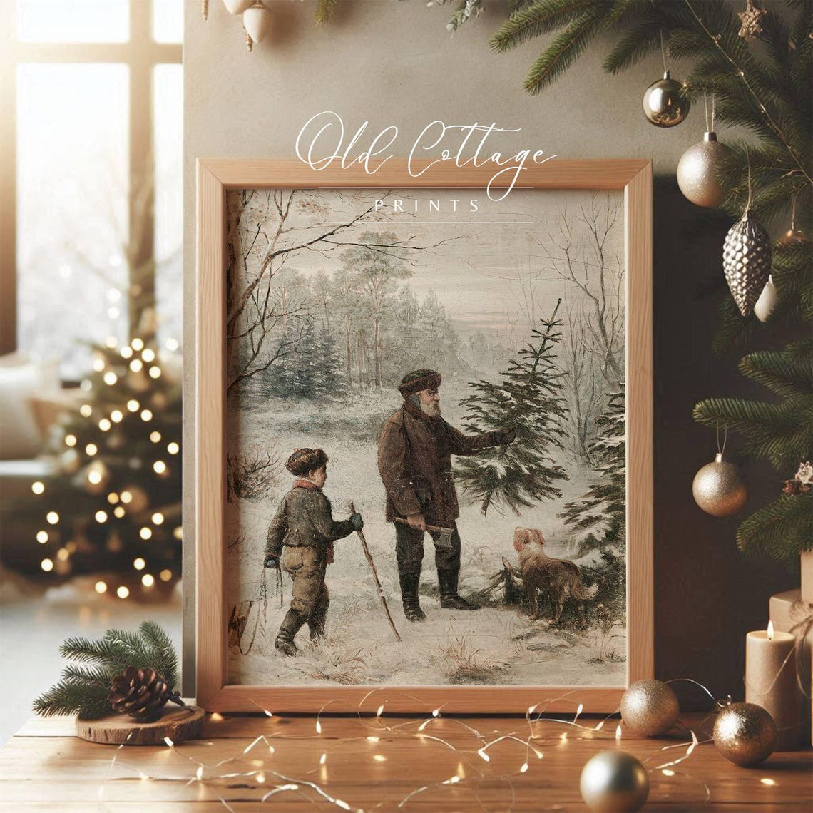 Father and Son Picking Christmas Tree Vintage Winter Art Poster - Image 2