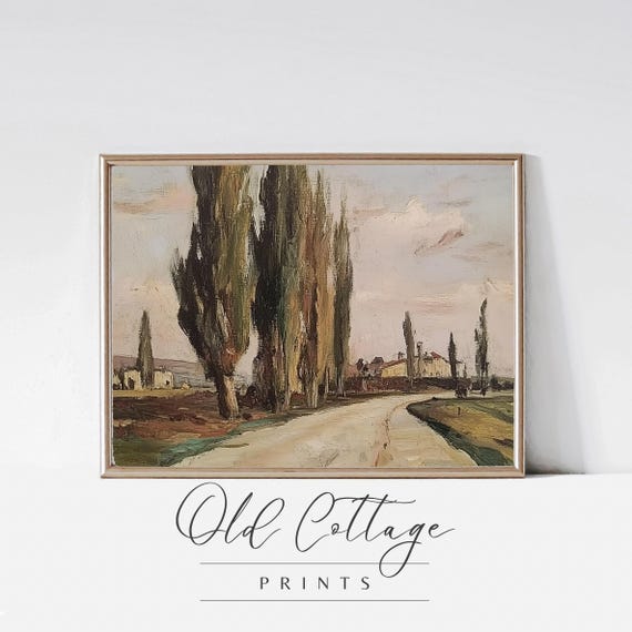 Rustic Road Oil Painting Cottagecore Landscape Art Serene Nature Scene Trees And Rustic Building Wall Decor