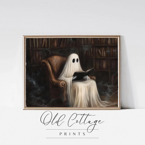 Ghost Reading in Dark Library Cute Spooky Halloween Art Poster
