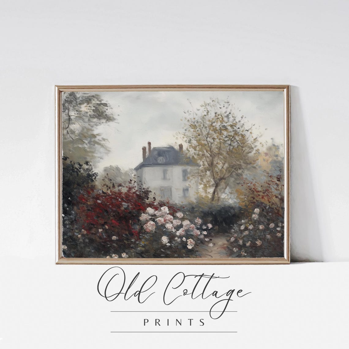Blooming Garden Path to White Cottage Vintage Floral Art Poster