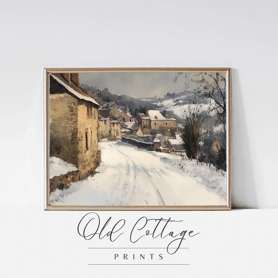 Snowy Old Village Street Stone Houses Winter Countryside Painting Poster