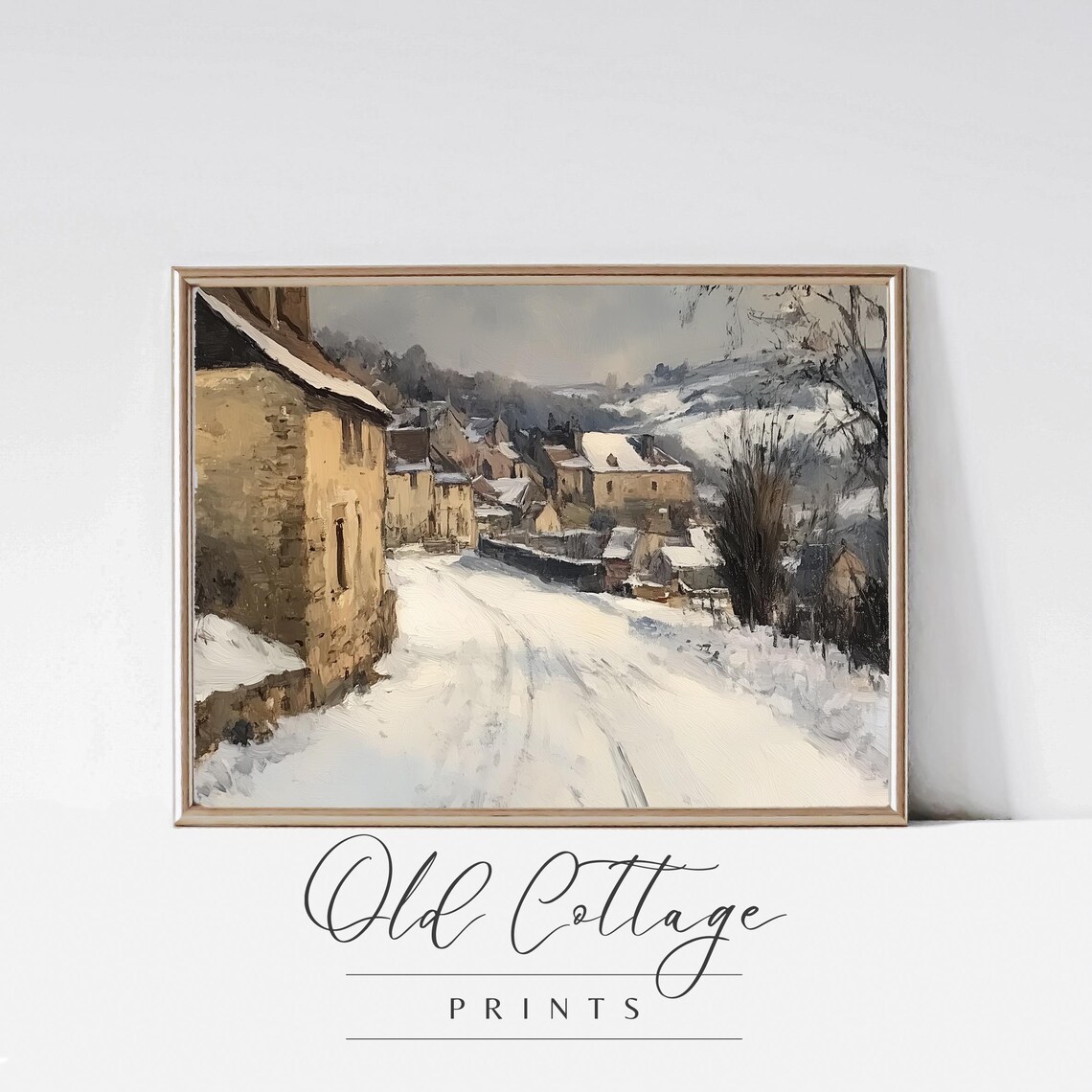 Snowy Old Village Street Stone Houses Winter Countryside Painting Poster