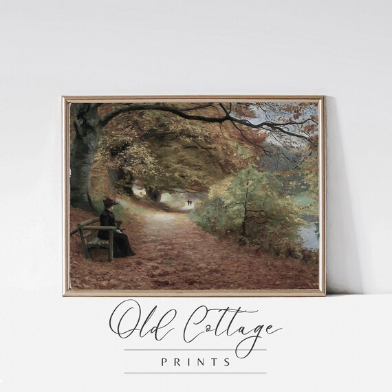 Woman on Park Bench Under Autumn Trees Vintage Fall Art Print