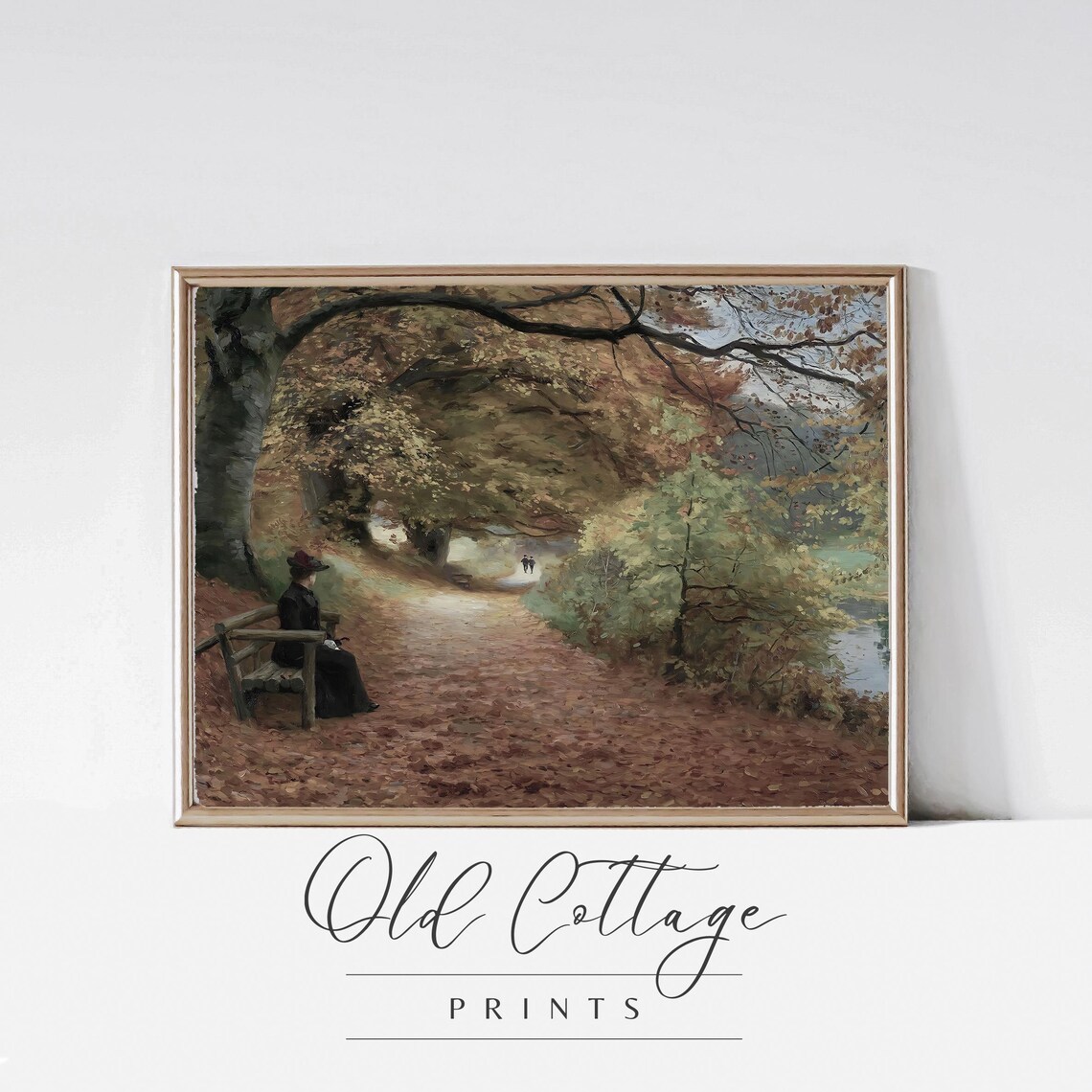 Woman on Park Bench Under Autumn Trees Vintage Fall Art Print